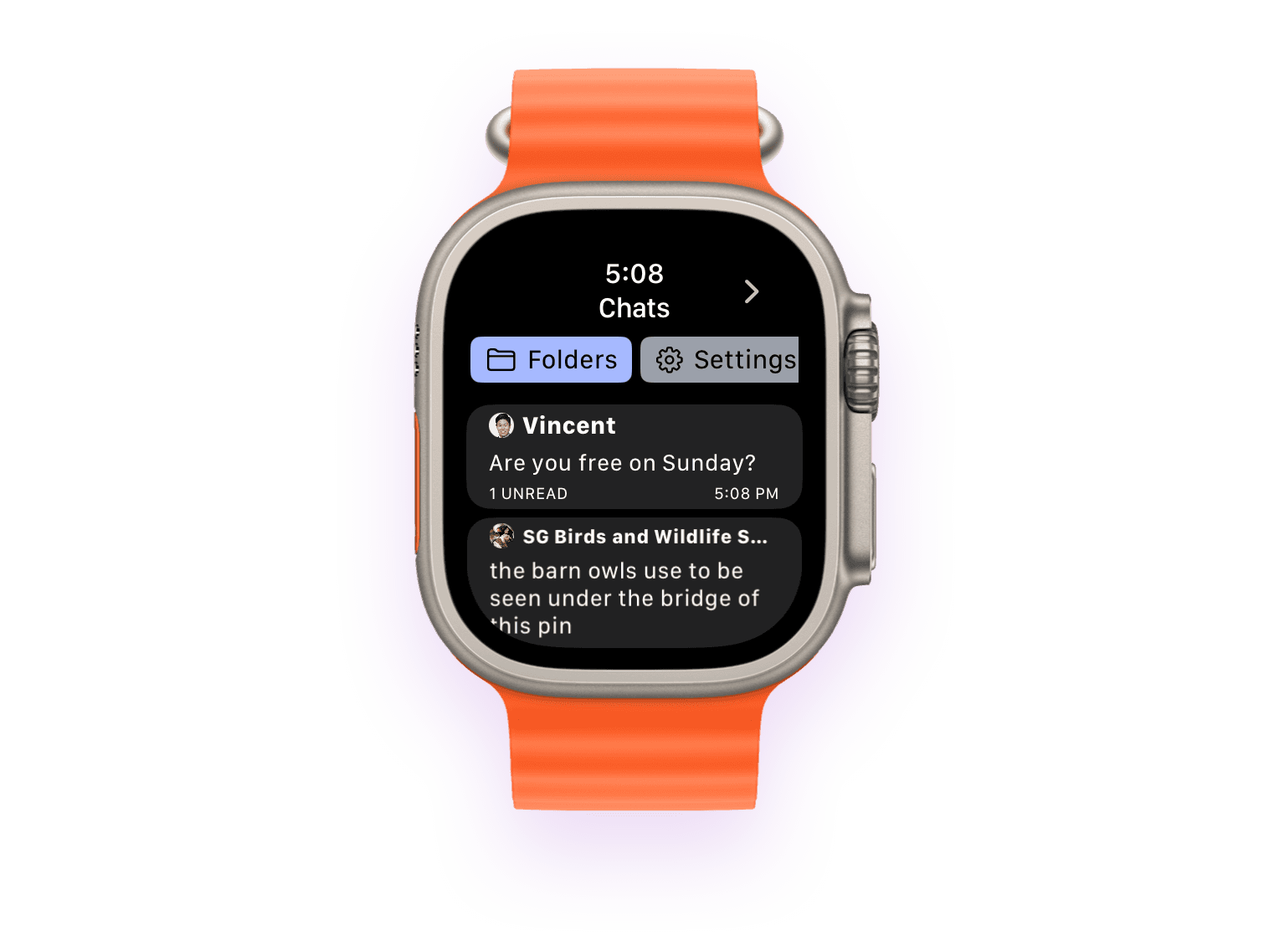 Apple Watch Ultra running Pigeon Client for Telegram